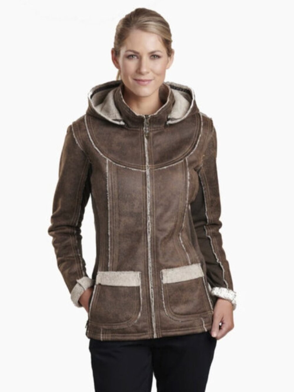 Kuhl Dani Brown Faux Leather Sherpa Lined Jacket w/detachable hood - Women's XS
